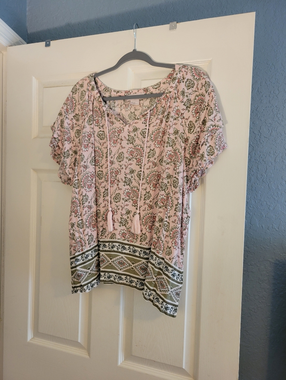 Allison Daley Pink & Tan Flora Print Peasant Blouse Size XL Self Ties Oversize